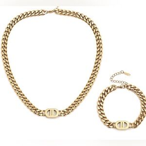 Gold Chain Necklace and Bracelet Set Cuban Link